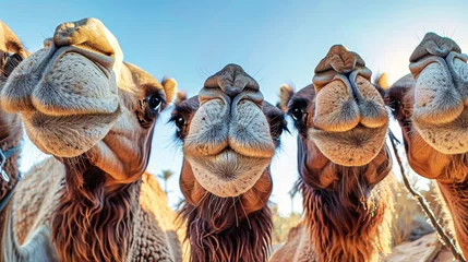 Foto op Plexiglas A group of camels standing on top of a sandy beach, blending into the desert landscape © Anoo