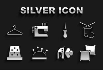 Set Needle bed and needles, Knitting, Textile fabric roll, Electric iron, Thimble for sewing, Awl tool, Hanger wardrobe and Sewing machine icon. Vector