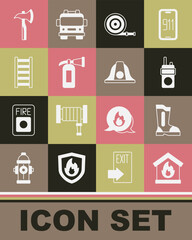 Set Fire in burning house, boots, Walkie talkie, hose reel, extinguisher, escape, Firefighter axe and helmet icon. Vector