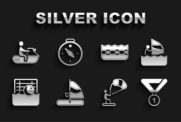 Set Windsurfing, Medal, Kitesurfing, Water polo, Swimming pool, Jet ski and Compass icon. Vector
