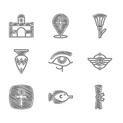Set Eye of Horus, Butterfly fish, Papyrus scroll, Egyptian symbol Winged sun, Cross ankh, vase, lotus and house icon. Vector