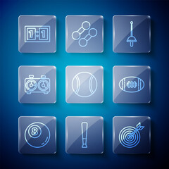 Set line Billiard pool snooker ball, Baseball bat, Target with arrow, Fencing, Tennis, Time chess clock, Sport mechanical scoreboard and American Football icon. Vector