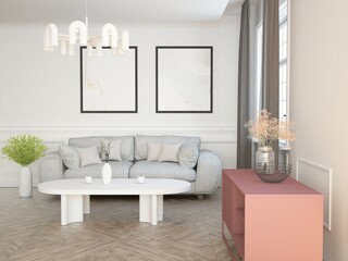 Elegancki luksusowy pokój pomieszczenie salon z wygodną sofa stolikiem kawowym zasłonami na oknach © VILKTERIO