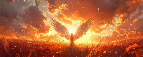 Panorama of a Gods celestial angel with open wings looking at the sunset, Generative AI