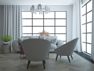 Elegancki luksusowy pokój pomieszczenie salon z wygodną sofa stolikiem kawowym zasłonami na oknach © VILKTERIO