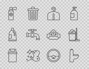 Set line Trash can, Toilet bowl, Hanger wardrobe, Sponge, Air freshener spray bottle, Water tap, Robot vacuum cleaner and Mop and bucket icon. Vector