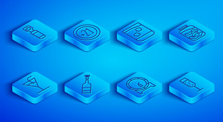 Fototapeta premium Set line Bottle opener, Alcohol 21 plus, Glass of whiskey, Opened bottle wine, Wooden barrel on rack, Pickled cucumbers jar, Cocktail and champagne icon. Vector