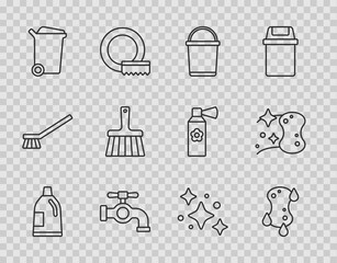 Set line Bottle for cleaning agent, Sponge, Bucket, Water tap, Trash can, Handle broom, Home service and icon. Vector
