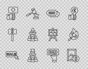 Set line Price tag with Sale, Auction painting, Bid, ancient vase, Hand holding auction paddle, auctioneer sells, and hammer icon. Vector