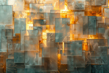 luxurious wall background with translucent marble and overlaid gold rectangles creating a sophisticated pattern - obrazy, fototapety, plakaty
