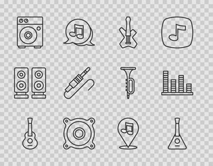 Set line Guitar, Balalaika, Electric bass guitar, Stereo speaker, amplifier, Audio jack, Location musical note and Music equalizer icon. Vector
