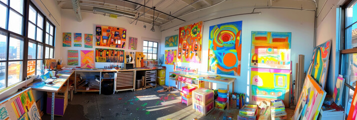 A room filled with numerous paintings hung on the walls, illuminated by natural light streaming in through large windows