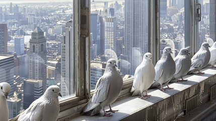 Multiple birds are perched on a window sill, looking outwards - Powered by Adobe