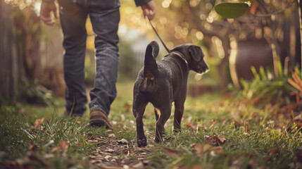 A man and his loyal black dog stroll together on a garden path, with the golden light of dusk casting a serene glow - obrazy, fototapety, plakaty