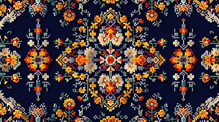 Obraz premium Cross Stitch Embroidery,Symbols of Ancient Ukrainian Stitching style patterns, 2D illustration seamless pattern ,photographic style ,high resolution