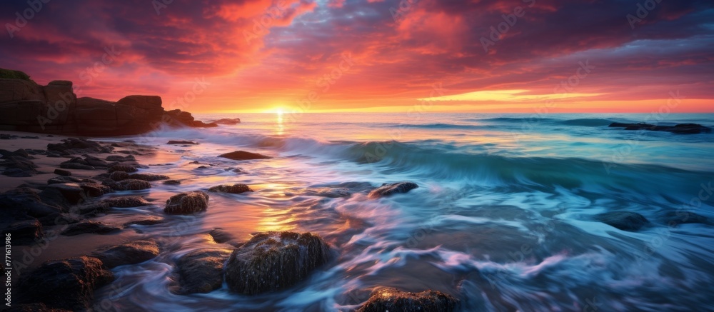 Canvas Prints as the sun sets, casting a warm afterglow over the rocky beach, waves crash against the rocks under 