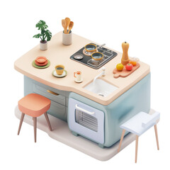 Kitchen island icon, 3D render clay style, studio short, pastel color, isolated on transparent background 