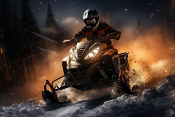 a vivid depiction of a couple enjoying an adventurous ride on a snowmobile against a stunning snowy backdrop - 771613932