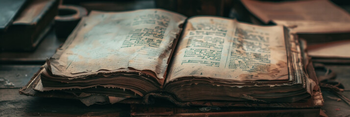 An old book rests on a wooden table, showcasing its weathered cover and pages. The table’s...