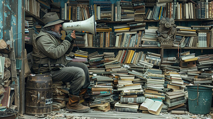Obraz premium Man with megaphone sitting amidst piles of books in a cluttered room, evoking a sense of chaos and information overload.