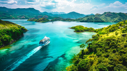 A boat cruises through a bay surrounded by towering mountains in the tropics - obrazy, fototapety, plakaty