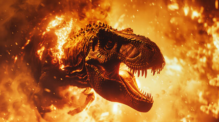 A massive, roaring dinosaur releasing flames from its open mouth