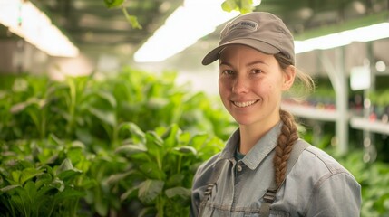 The Agronomists Joy Standing before a field that a testament to advanced agronomic research, a woman in her uniform smiles brightly at the camera Her attire