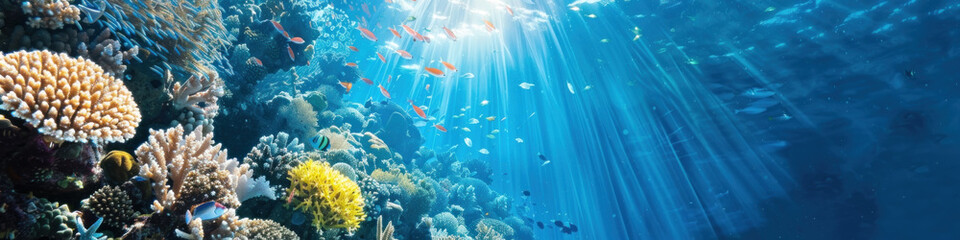 An underwater scene showcasing a vibrant and diverse coral reef teeming with life, including various species of fish and other marine creatures
