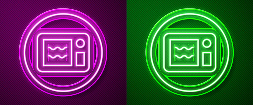 Glowing neon line Microwave oven icon isolated on purple and green background. Home appliances icon. Can be heated in microwave. Vector