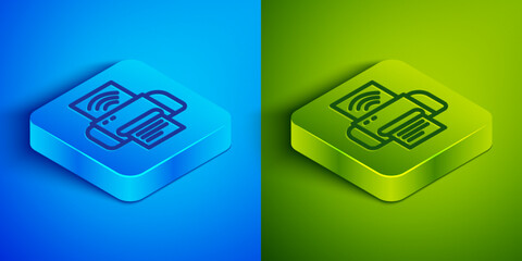 Isometric line Smart printer system icon isolated on blue and green background. Internet of things concept with wireless connection. Square button. Vector