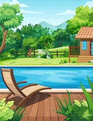 Backyard Oasis with Pool, Lush Greenery and Wooden Deck