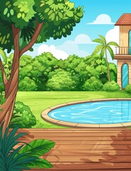 Backyard Oasis with Pool, Lush Greenery and Wooden Deck