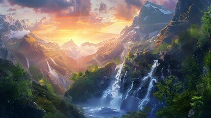 Waterfalls Nature Landscape in Mountains Sunset