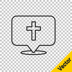 Black line Map pin church building icon isolated on transparent background. Christian Church. Religion of church. Vector