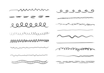 Set of wavy horizontal lines. Set of art brushes for pen. Marker hand-drawn line border set and scribble design elements. Hand drawn grunge brush strokes. Vector illustration - obrazy, fototapety, plakaty