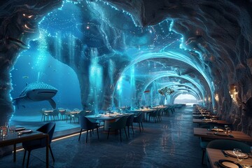 Abyssal zone restaurant, with bioluminescent decor and deepsea creature replicas, glowing and surreal