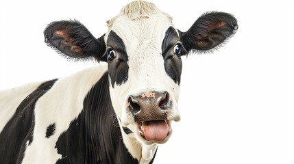 Laughing cow, with mouth open and tongue sticking out cut out on white background