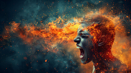 Conceptual image of a person with head exploding in fiery flames, representing anger, stress or a...