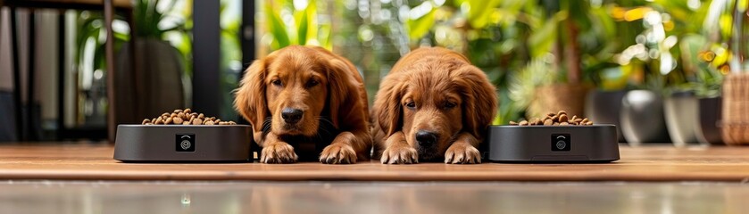 Automated pet feeding system with integrated cameras and twoway audio, allowing owners to interact with their dogs during meal times from anywhere