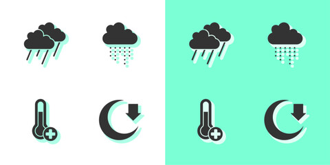 Set Moon, Cloud with rain, Meteorology thermometer and icon. Vector - obrazy, fototapety, plakaty