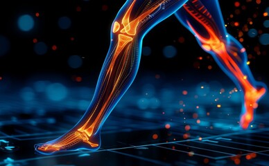 3D illustration of thigh and calf muscles connected to knee bone on dark blue background. It is used in medicine, sports and education - obrazy, fototapety, plakaty