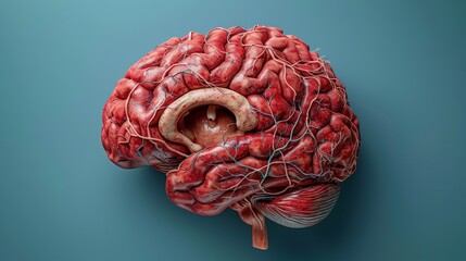 3D illustration showcasing the intricate anatomy of the brain, highlighting the cerebellum and various gyri, nestled within the protective skull, emphasizing biological precision - obrazy, fototapety, plakaty