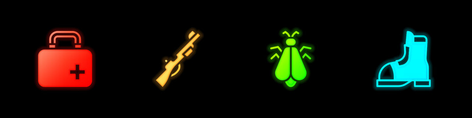 Set First aid kit, Hunting gun, Mosquito and Hunter boots icon. Vector