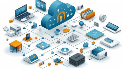 Obraz premium Modern cloud computing infrastructure diagram in flat design, showcasing datacenter equipment, servers, and network connections as editable vector icons for business presentations