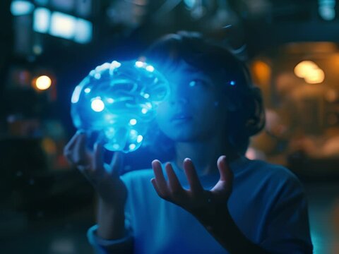 Medium shot of a kid pondering over a holographic blue brain floating above their hands