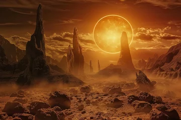 Poster Alien planet landscape, glowing sun, fantastic rock formations, surreal sci-fi scenery © Lucija
