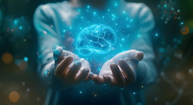 Medium view of a kid s hands surrounded by floating blue digital neurons forming a brain