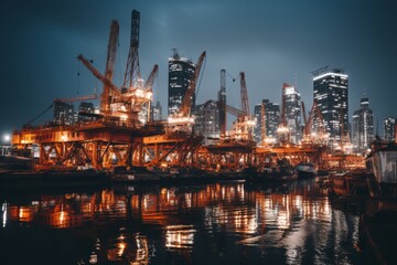 the atmospheric essence of an offshore oil rig platform at dusk, highlighting the juxtaposition of industrial infrastructure against the expansive ocean backdrop - 771616101