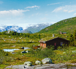 Summer mountain landscape with wooden house (Norway).