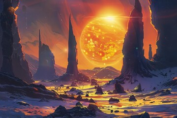 Alien planet landscape with glowing sun, mountains, and fantastic rock formations, digital illustration